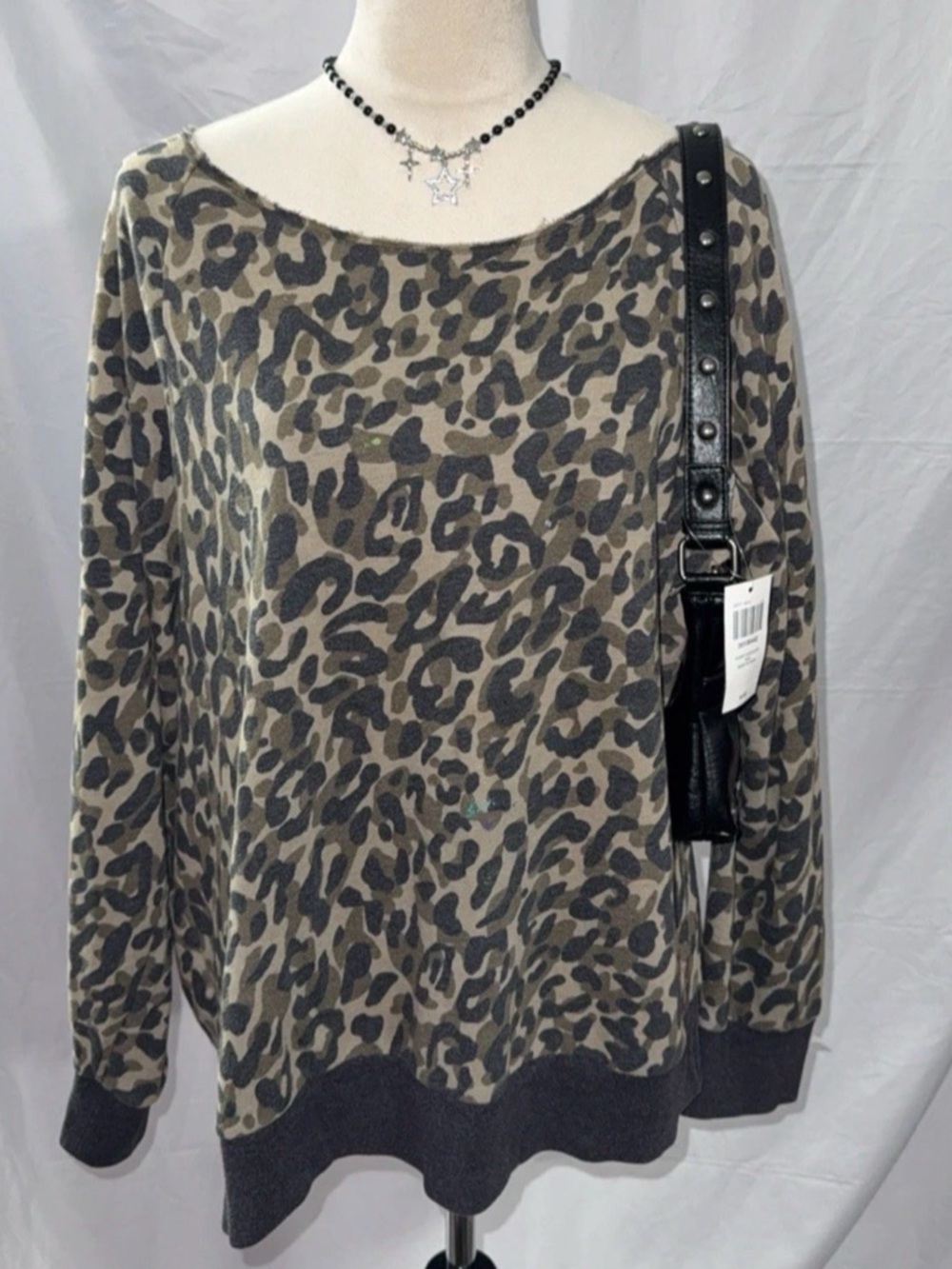 PINK Victoria's Secret Taupe & Charcoal Leopard-Print Scoop Neck Sweater